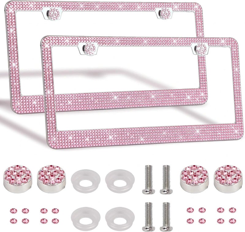 RtPcor 2 Pack Bling License Plate Frames Premium Sparkly License Plate Frame for Women Durable Pink Bling Car Accessories - Image 1